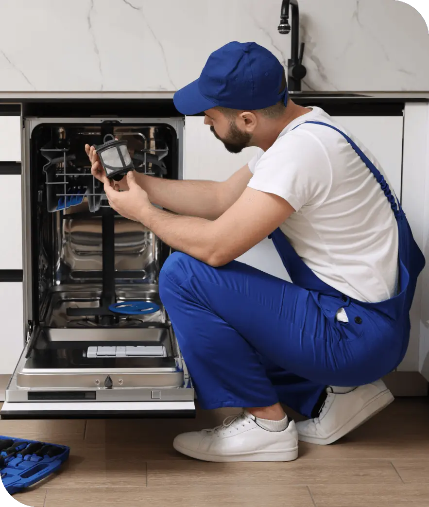 qww Technician repairing a dishwasher